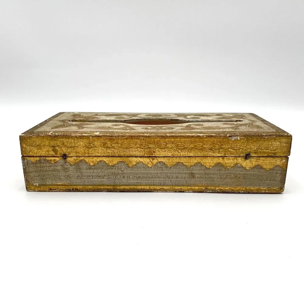 Florentine Tissue Box Cover: Gilded Gold & White, Hollywood Regency Decor